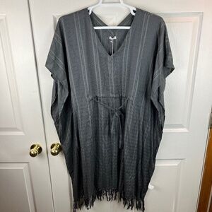 Mersea Midi Kaftan Tassel Hem Gray Plaid Short Sleeve One Size
